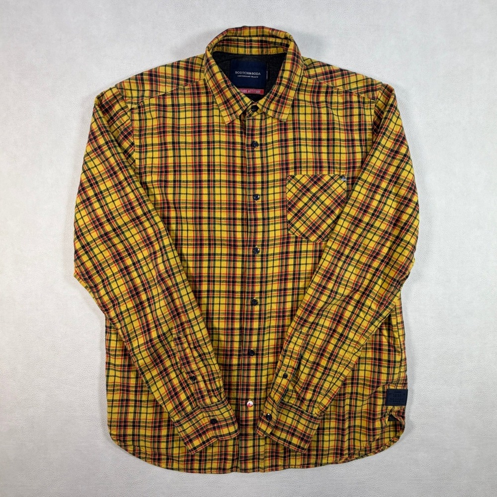 Scotch & Soda Amsterdams Blauw Mens Large Yellow Plaid Flannel Button Down Shirt